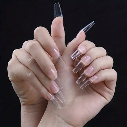 Faux ongles coffin longs transparents, forme ballerine